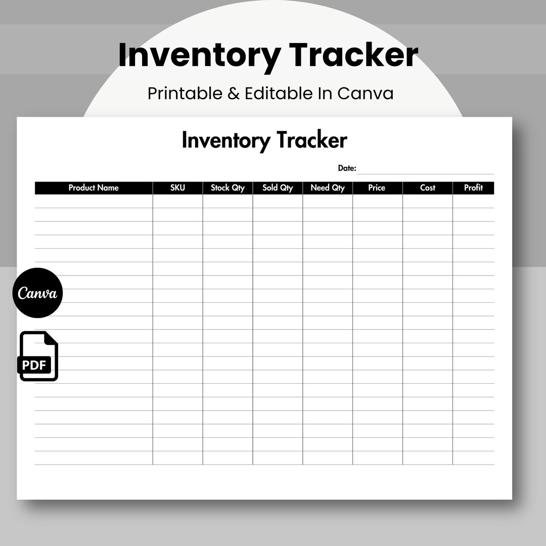 Inventory Tracker Black, Product Inventory, Printable & Editable ...