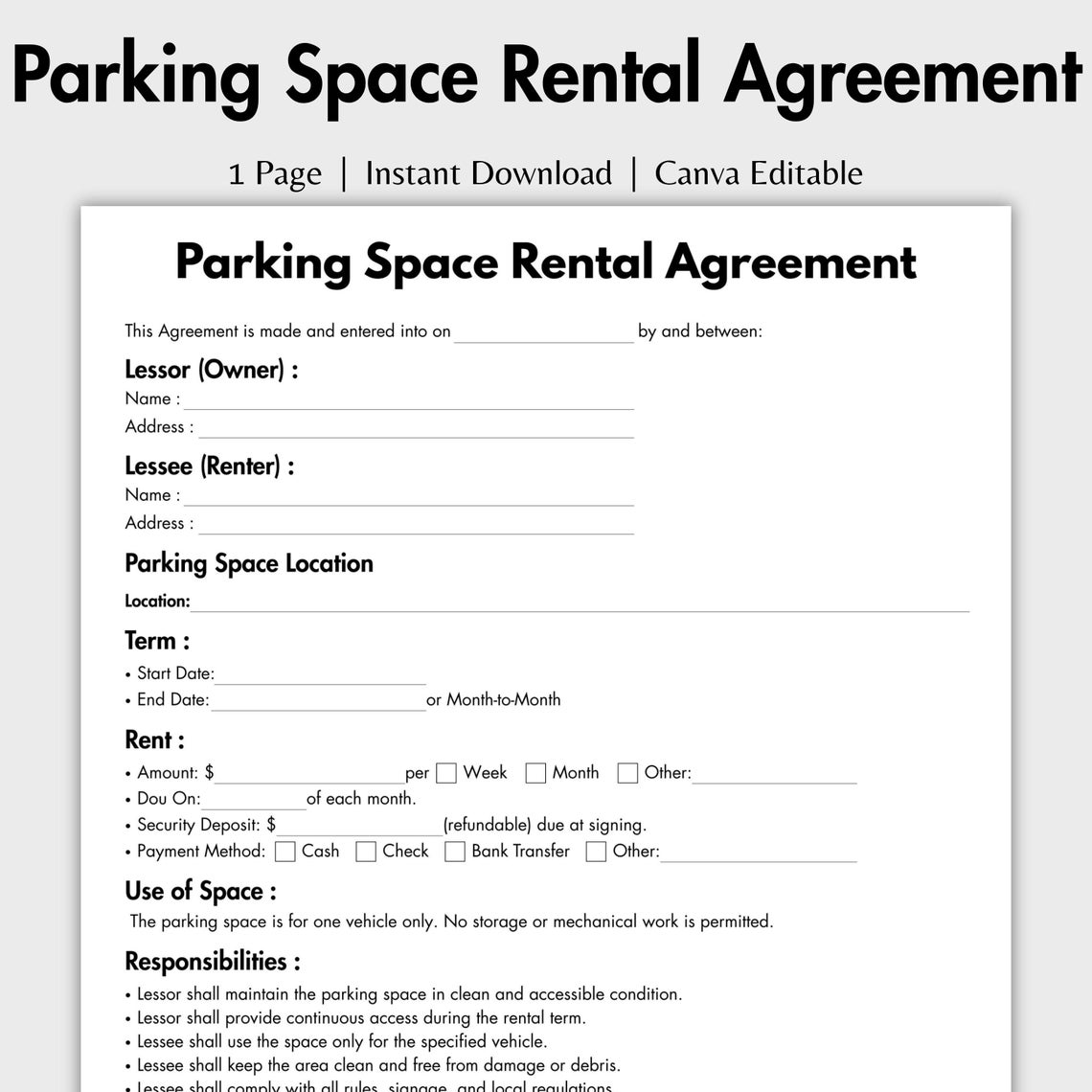 One Page Parking Space Rental Agreement, Editable Parking Permit Form ...