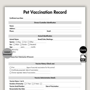 May include: A printable pet vaccination record template with sections for owner details, animal identification, and vaccine history. Includes fields for vaccine name, date, and duration of immunity. Features the Canva and PDF logos.