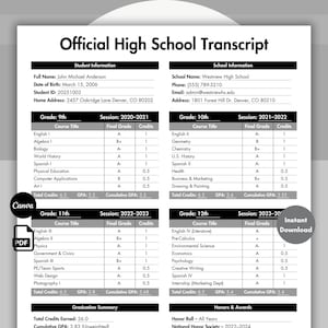 High School Transcript Template Black, Printable & Editable Home School Transcript Form, Grade Tracker, Homeschool Canva, Instant Download