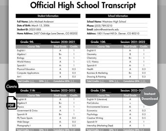 High School Transcript Template Black, Printable & Editable Home School Transcript Form, Grade Tracker, Homeschool Canva, Instant Download