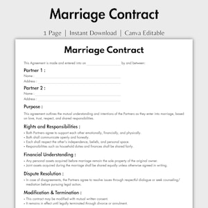One Page Marriage Contract, Editable Couple Marriage Agreement Form Canva Template, Printable Relationship Agreement for Couples
