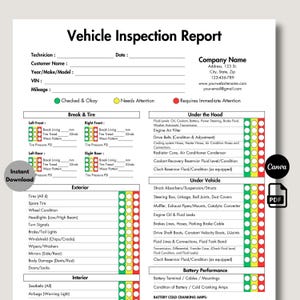Vehicle Inspection Report, Printable & Editable Car or Equipment Rental Inspection Checklist, Used Vehicle Inspection Sheet, Auto Repair PDF