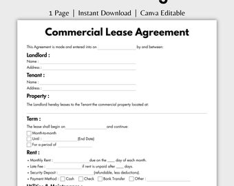 One Page Commercial Lease Agreement, Editable Business Rental Contract Form Template Canva, Printable Property Rental Lease Instant Download