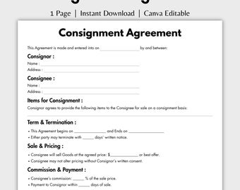 One Page Consignment Agreement, Editable Consignment Contract Form Template Canva, Printable Consignment Form, Reseller Agreement, Instant