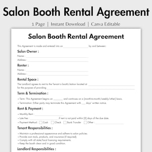 One Page Salon Booth Rental Agreement, Editable Salon Station Contract Template Canva, Printable Spa Rental, Salon Lease, Facial Rental