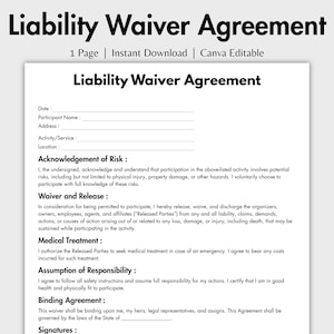One Page Liability Waiver Agreement, Editable Release of Liability Form Template Canva, Printable Waiver of Liability Contract, Instant PDF