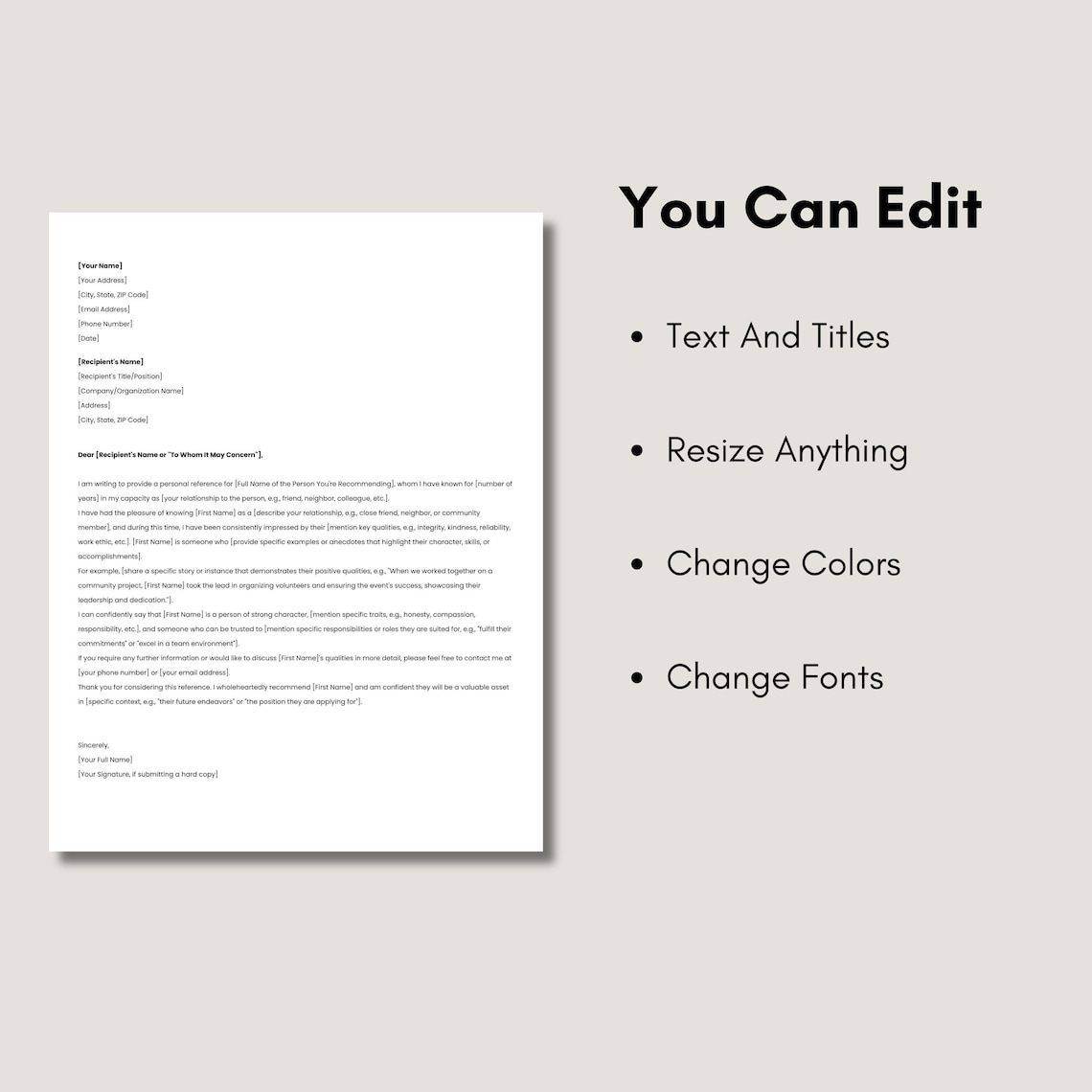 Editable Personal Reference Letter Template, Printable Letter of ...