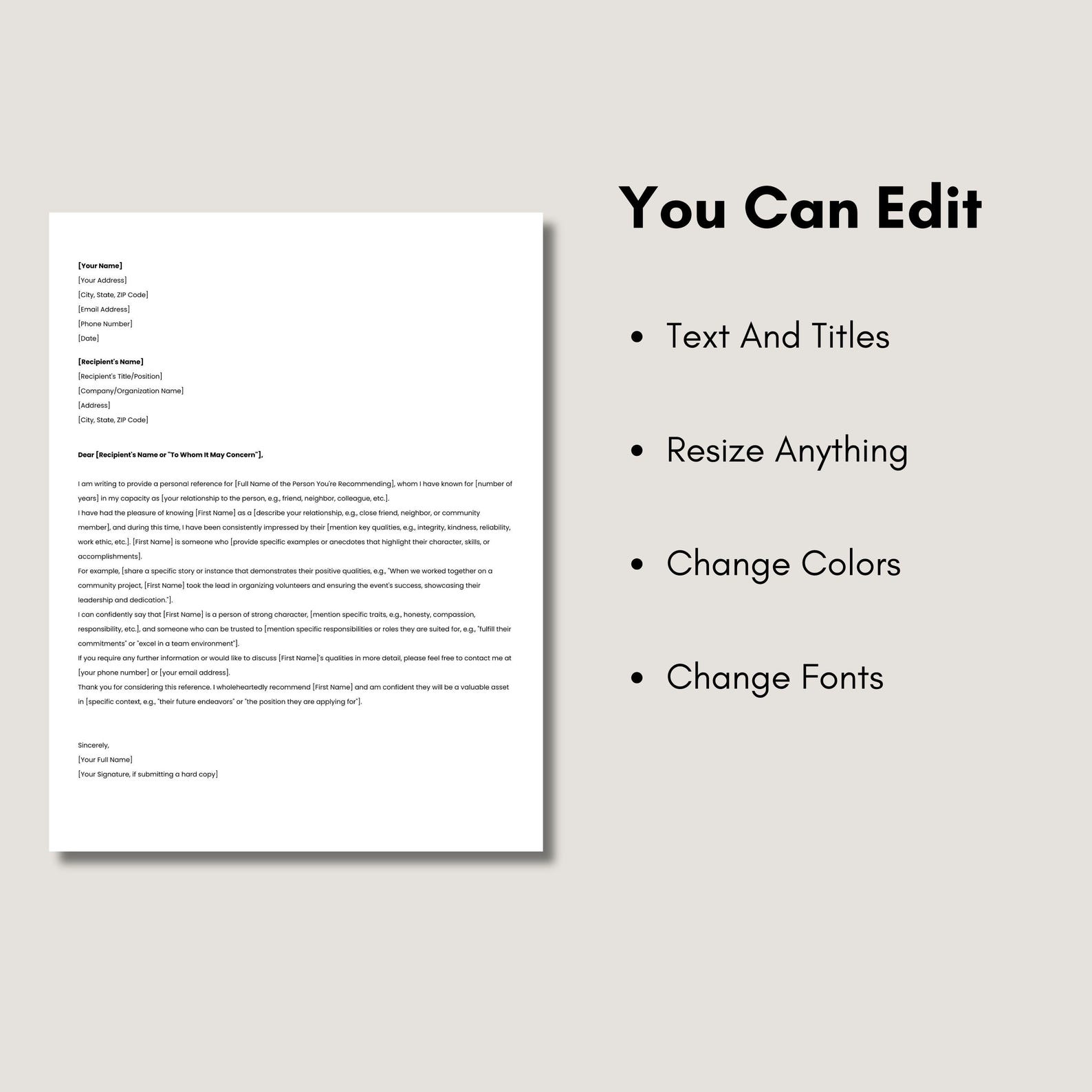 Editable Personal Reference Letter Template, Printable Letter of ...