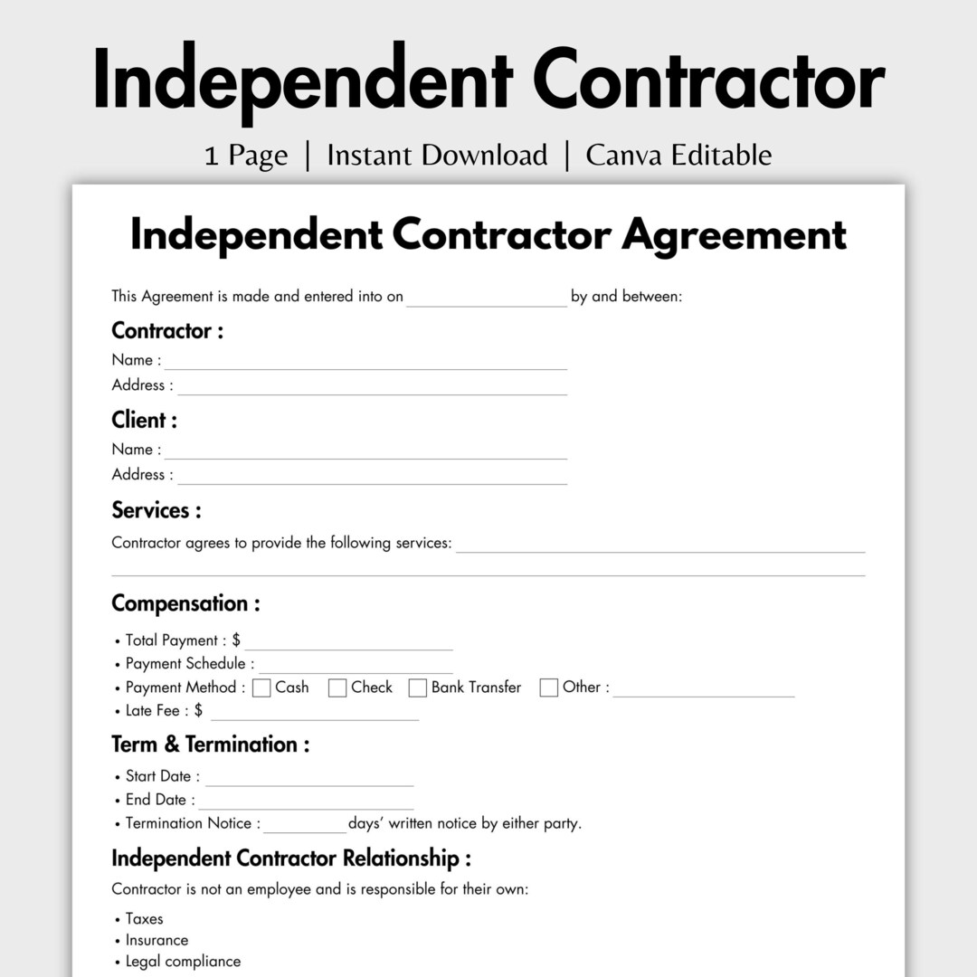 Independent Contractor Agreement Template One Page photo