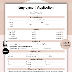 Employee Application, Application for Employment, Editable Job Application, HR Template, New Work Application Form, Printable Hiring Form