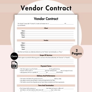 May include: A black and white printable vendor contract template with the title "Vendor Contract" at the top. The template includes sections for client and vendor information, scope of services, payment terms, delivery and performance, and term and termination.