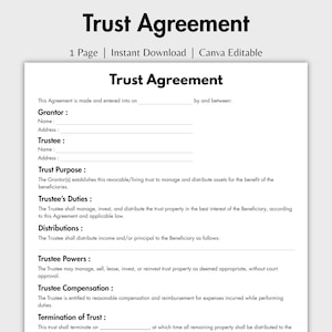 One Page Trust Agreement, Editable Trust Contract Form Template, Printable Trust Document Canva, Beneficiary Form, Instant Download
