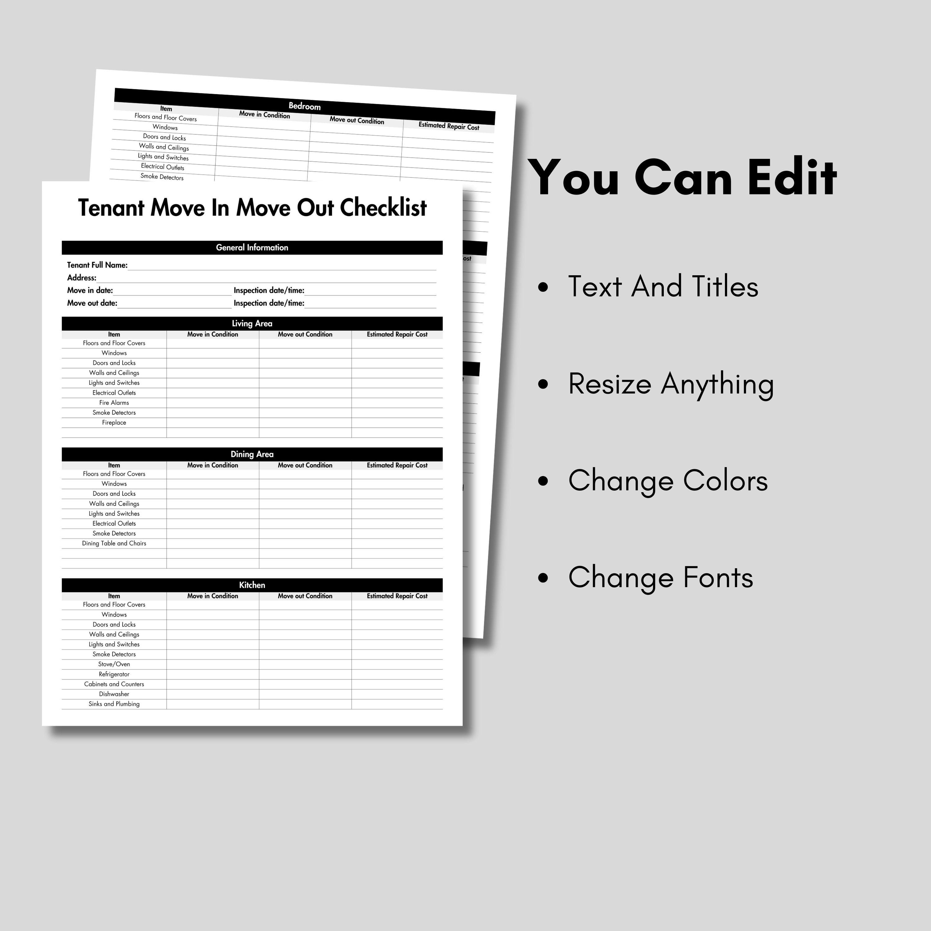 Tenant Move in Move Out Checklist Black, Printable Walkthrough ...