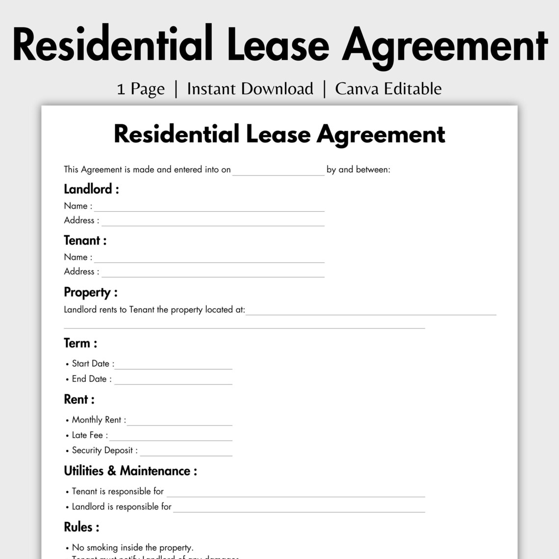 One Page Residential Lease Agreement, Editable Residential Housing ...