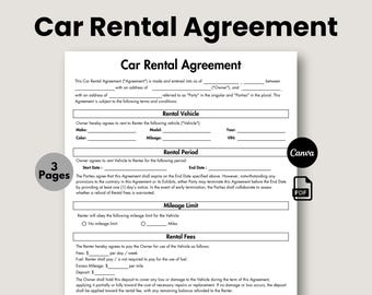 Car Rental Agreement Template, Car Rental Contract, Printable Vehicle Lease Form, Vehicle Rental Agreement, Editable In Canva, Digital