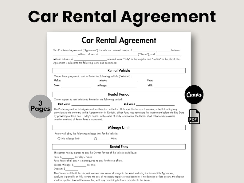 Car Rental Agreement Template, Car Rental Contract, Printable Vehicle ...
