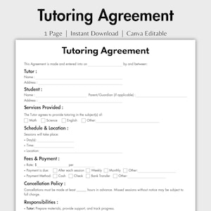 May include: A black and white Tutoring Agreement template with the title "Tutoring Agreement" at the top. The document includes sections for tutor and student information, services provided, schedule, fees, and cancellation policy.