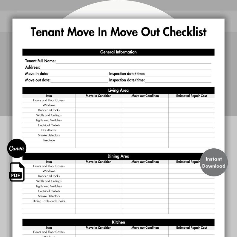Tenant Move in Move Out Checklist Black, Printable Walkthrough ...