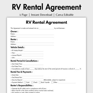 One Page RV Rental Agreement, Editable Rental Form Template Canva, Printable Camper Rental Agreement, Rental RV Camper, Vehicle Rental Lease