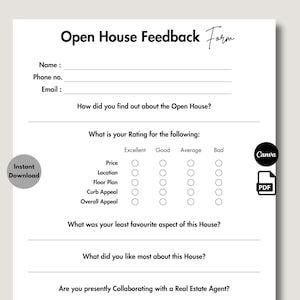 Open House Feedback Form, Printable & Editable Real Estate Open House, Questionnaire Realtor Open House Flyers, Buyer Feedback, Canva