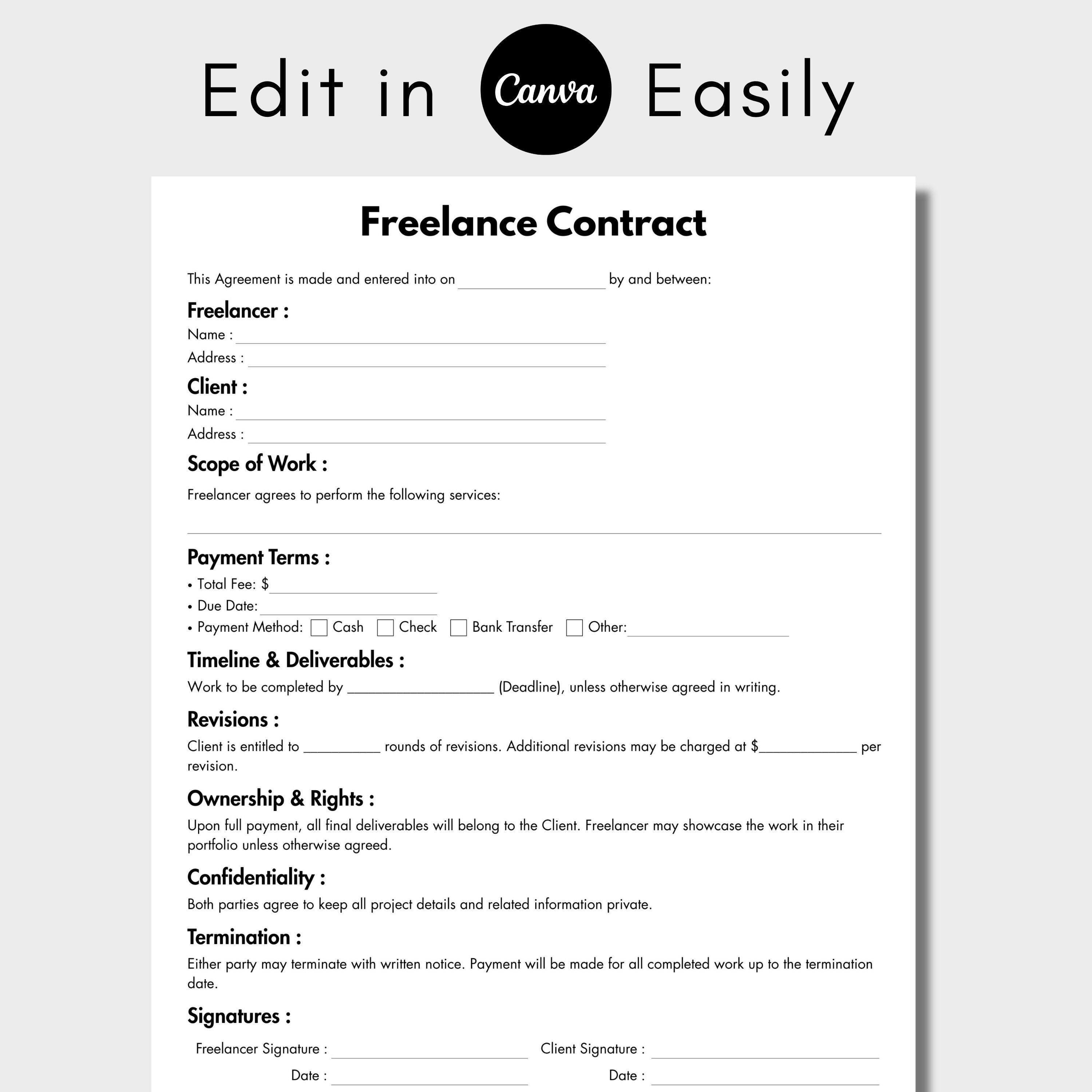 One Page Freelance Contract, Editable Agreement for Freelancer Form ...