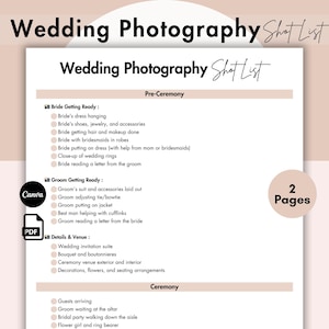 Wedding Photography Shot List, Editable Wedding Planner List, Wedding Photo Checklist, Wedding Photographer List Printable Wedding Shot List