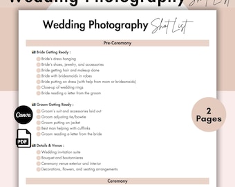 Wedding Photography Shot List, Editable Wedding Planner List, Wedding Photo Checklist, Wedding Photographer List Printable Wedding Shot List