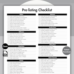 May include: A printable pre-listing checklist with sections for kitchen, bathrooms, bedrooms, living room, laundry room, dining room, exterior, and interior. Includes tasks like cleaning, decluttering, and repairs. Features a Canva and PDF logo.