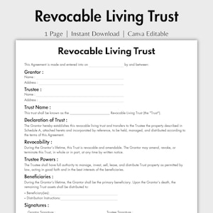 May include: A printable document titled "Revocable Living Trust" with the text "1 Page | Instant Download | Canva Editable." The document includes sections for Grantor, Trustee, and Trust Name.