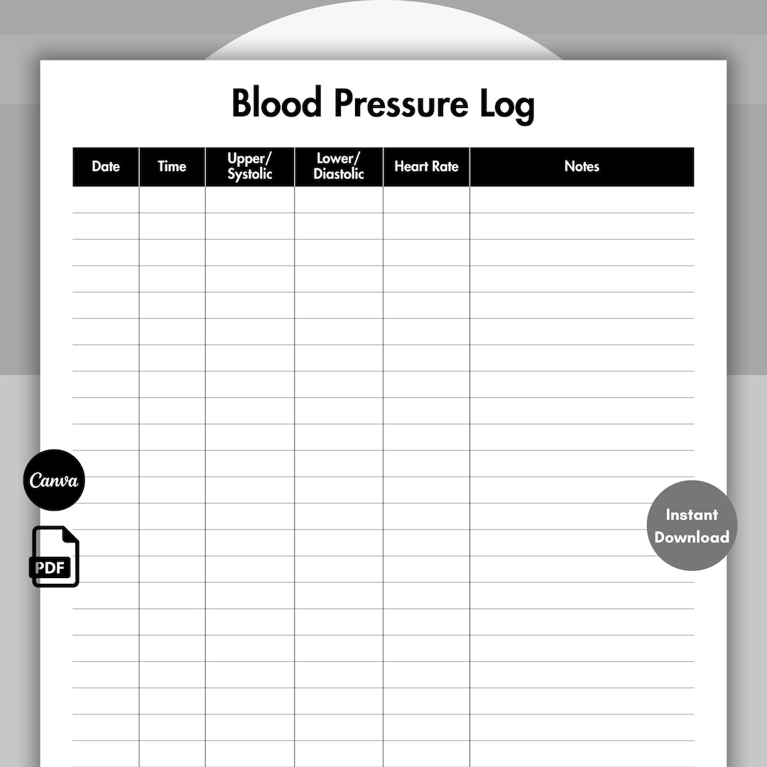 Blood Pressure Log Black, Blood Pressure Form, Medical Tracker ...