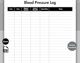 Blood Pressure Log Black, Blood Pressure Form, Medical Tracker, Printable & Editable BP Tracker, Daily Blood Pressure Chart Template Canva