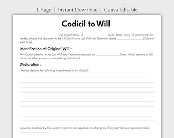 One Page Codicil to Will, Editable Will Codicil Form Template Canva, Printable Testament Form, Last Will Testament Codicil Contract Document