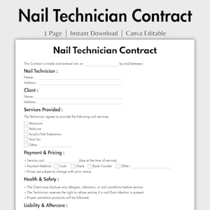 May include: A printable Nail Technician Contract template with the title "Nail Technician Contract" at the top. The document includes sections for client and technician information, services provided, payment details, and health and safety guidelines.