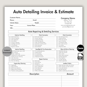 Könnte beinhalten: Ein druckbares Formular für Autodetail-Rechnungen und Kostenvoranschläge. Das Formular enthält Abschnitte für Kundeninformationen, Fahrzeugdetails und eine detaillierte Liste der Auto-Reparatur- und Detail-Dienstleistungen. Sofortiger Download.