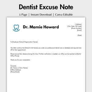 Editable Dentist Excuse Note, Printable Dental and Orthodontic Medical Excuse Note Template, Doctor’s Note for Work or School, Canva form