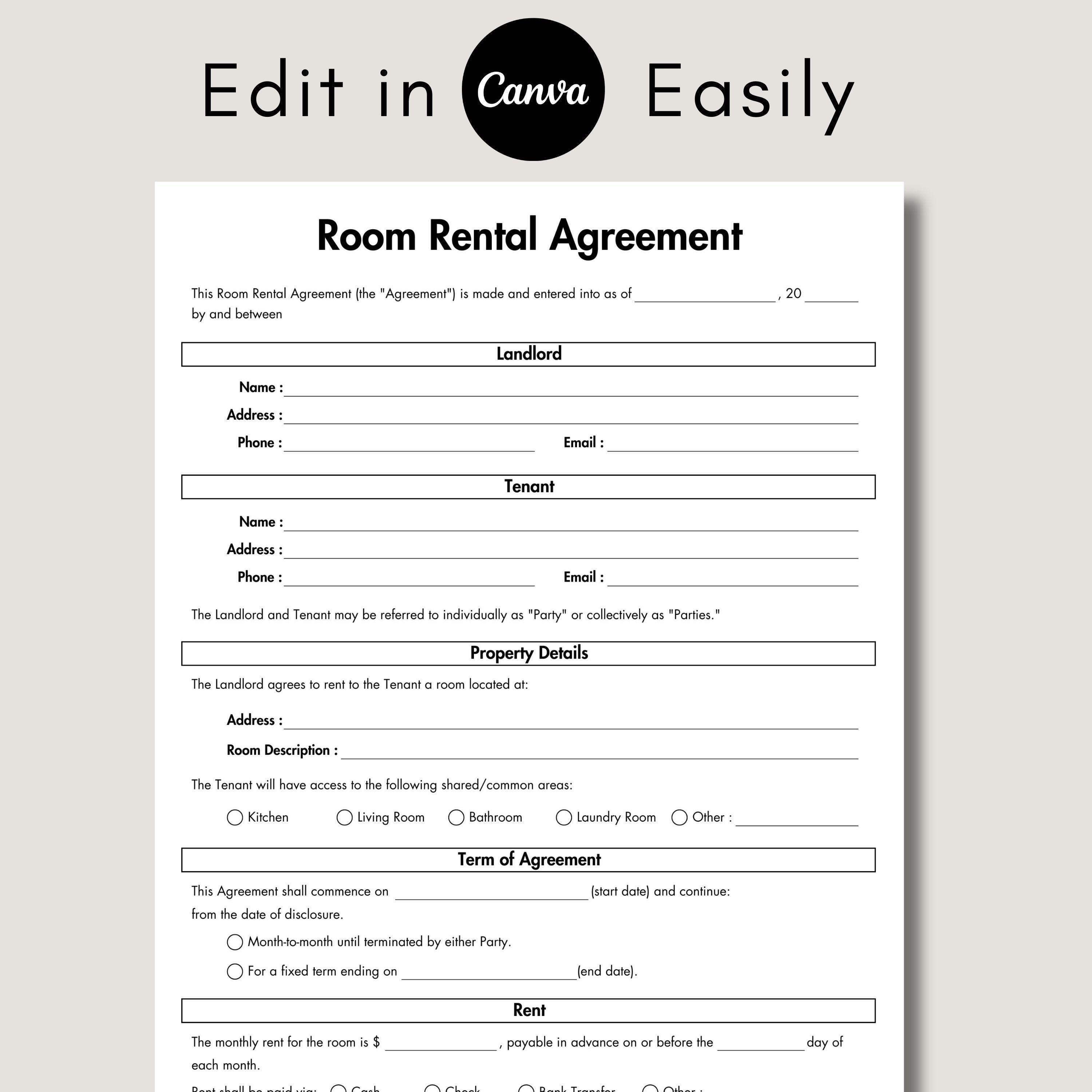 Room Rental Agreement, Printable & Editable Room Tenancy Agreement ...