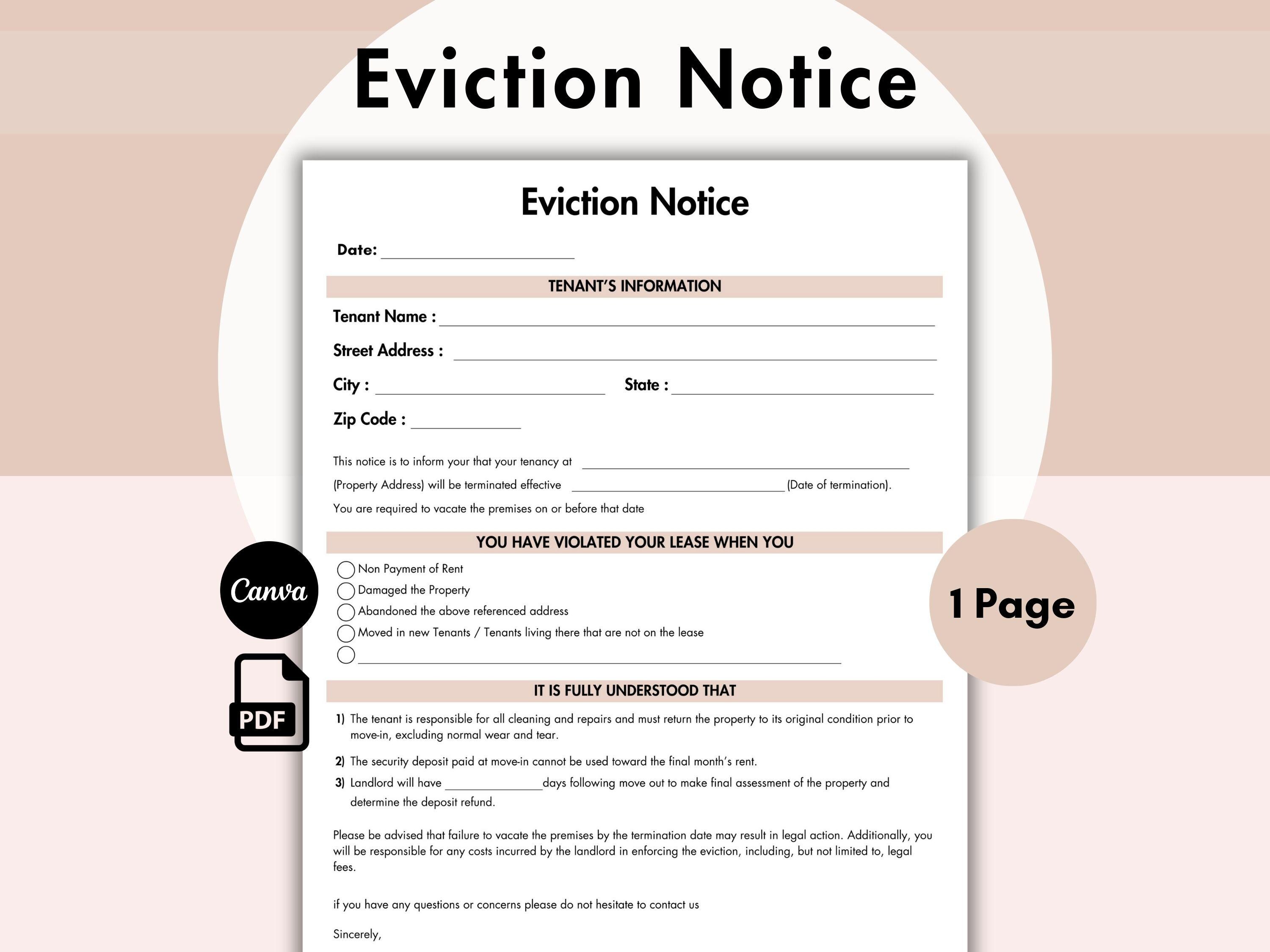 Eviction Notice Template, Canva Editable Landlord Rental Contract ...