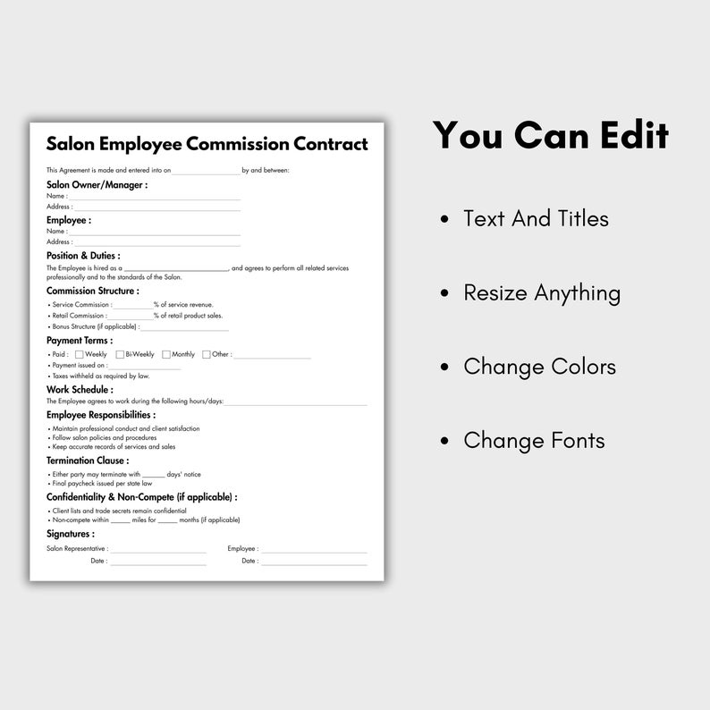 One Page Salon Employee Commission Contract, Editable Stylist ...