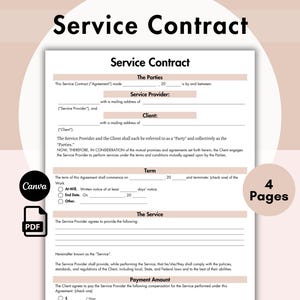 Puede incluir: Una plantilla de contrato de servicio imprimible con un esquema de color rosa y blanco. El documento incluye secciones para las partes, el plazo, el servicio y el importe del pago. El texto "4 Páginas" es visible en la esquina inferior derecha.