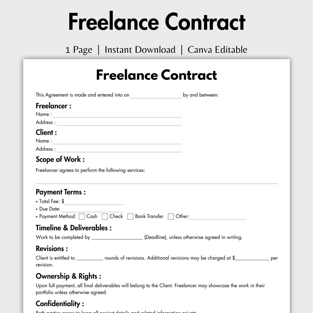 One Page Freelance Contract, Editable Agreement for Freelancer Form ...