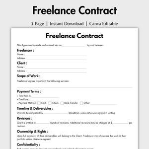 May include: A white freelance contract template with black text. The document includes sections for freelancer and client information, scope of work, payment terms, and revisions. The text "Freelance Contract" is at the top.