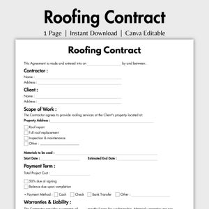 Puede incluir: Una plantilla de contrato de techado imprimible en blanco y negro. El documento incluye secciones para la información del contratista y del cliente, el alcance del trabajo, los términos de pago y las garantías y responsabilidades.