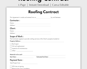 Contrato de techado de una página, plantilla editable de techado residencial en Canva, presupuesto imprimible, formulario simple de servicio de techado, trabajo de techado