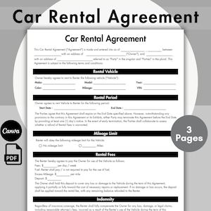 Bewerkbare sjabloon autoverhuurovereenkomst, autoverhuurcontract, afdrukbaar voertuigleaseformulier, voertuigverhuurovereenkomst, digitale Canva-bestanden