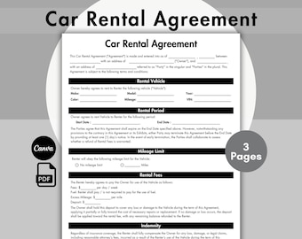Editable Car Rental Agreement Template, Car Rental Contract, Printable Vehicle Lease Form, Vehicle Rental Agreement, Canva Digital Files