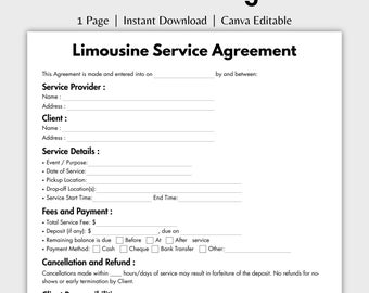 One Page Limousine Service Agreement, Editable Chauffeur Bookings form, Printable Event Transportation Private Vehicle Hire Instant Download