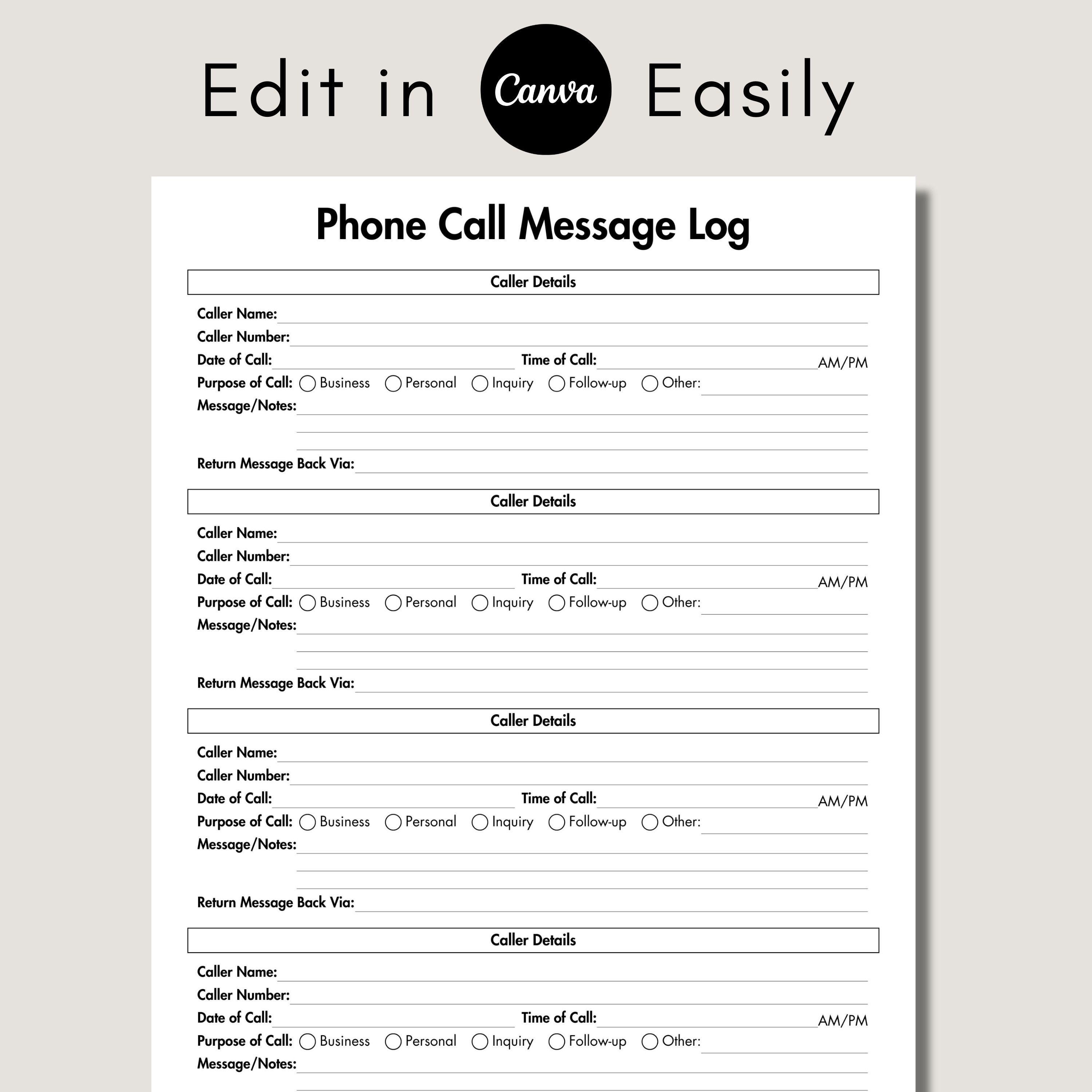 Editable Phone Call Message Log Template, Communication Log Form ...