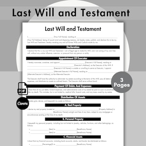 Op de afbeelding: Een afdrukbaar wettelijk testament sjabloon. Het document bevat secties voor de verklaring, de benoeming van een executeur, de betaling van schulden en uitgaven, en de verdeling van activa. Het document is opgemaakt met koppen en opsommingstekens.