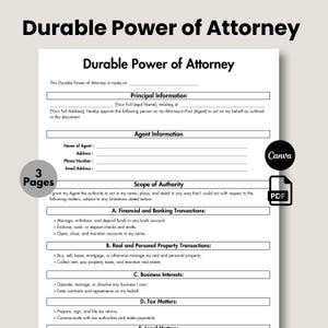 Editable Durable Power of Attorney, POA Form, Printable Durable Power of Attorney Form, POA Agreement, Canva Template, Instant Download